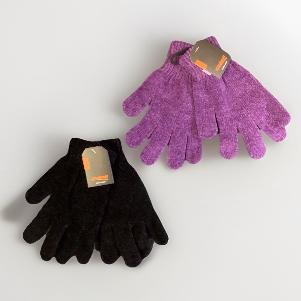 2 Pairs Of Zoran Super Soft Chenille Stretch Gloves-Black & Purple